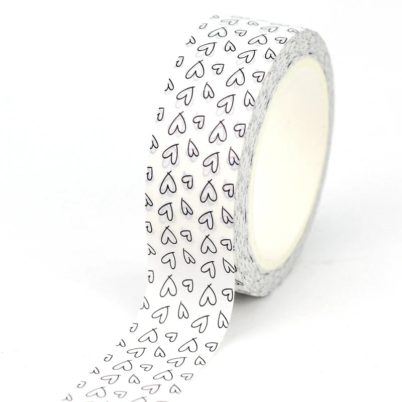 Fita Washi Decorativa de Corações Preto e Branco para Scrapbook e Journaling — 10 m