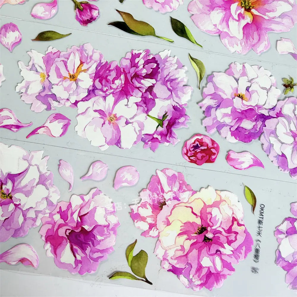 Adesivos PET Florais Sakura Vintage para Scrapbook, Journaling e Decoração de Capinhas de Celular — 7 Dias