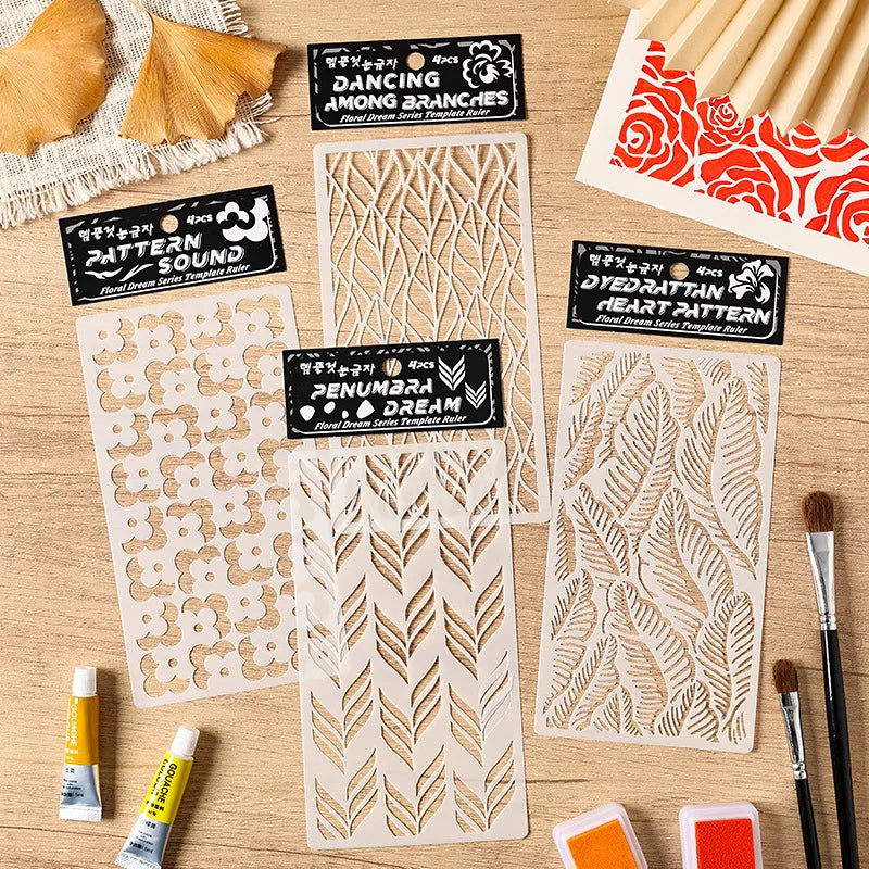 Kit com 4 Estênceis Mandala, Flores e Folhas para Scrapbook e DIY