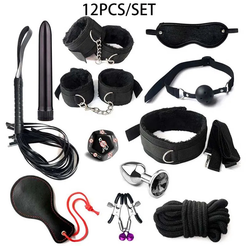 Kit BDSM para Iniciantes com Algemas, Mordaça, Chicote e Acessórios