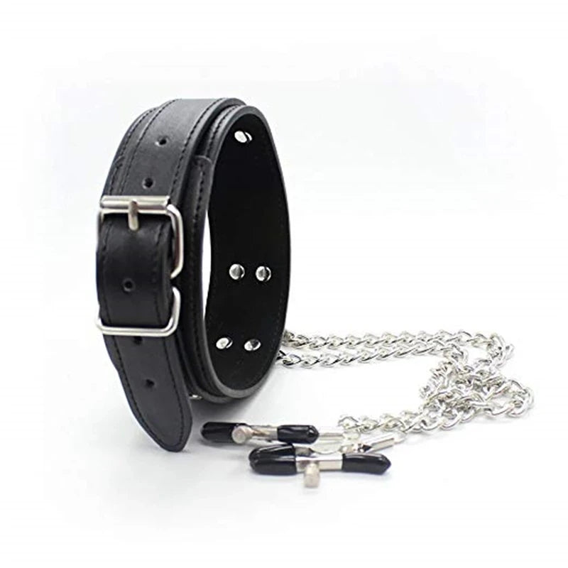 Choker Punk em Couro com Corrente e Acessórios BDSM