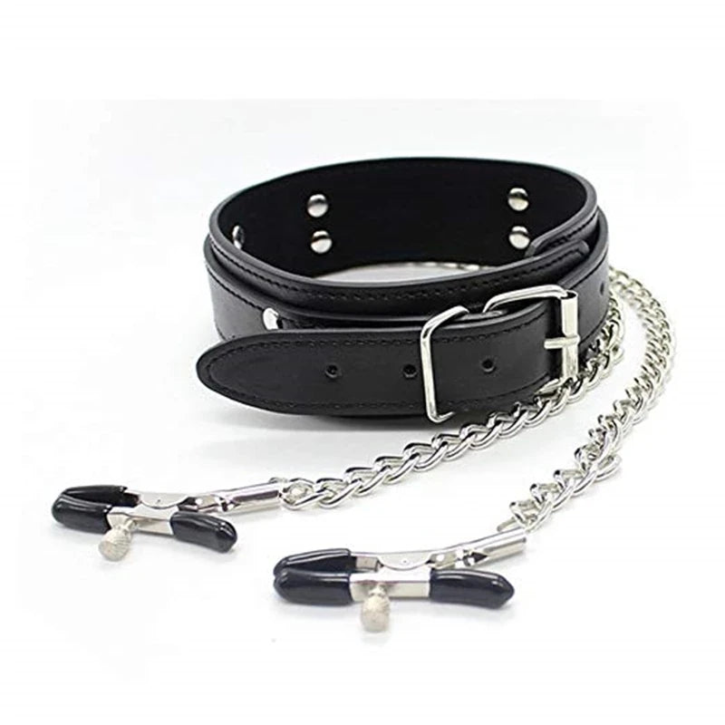 Choker Punk em Couro com Corrente e Acessórios BDSM