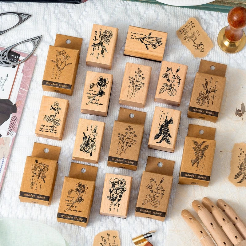 Carimbo Botânico Retrô de Madeira para Scrapbook, Journaling e Papelaria Criativa