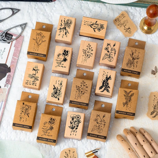 Carimbo Botânico Retrô de Madeira para Scrapbook, Journaling e Papelaria Criativa