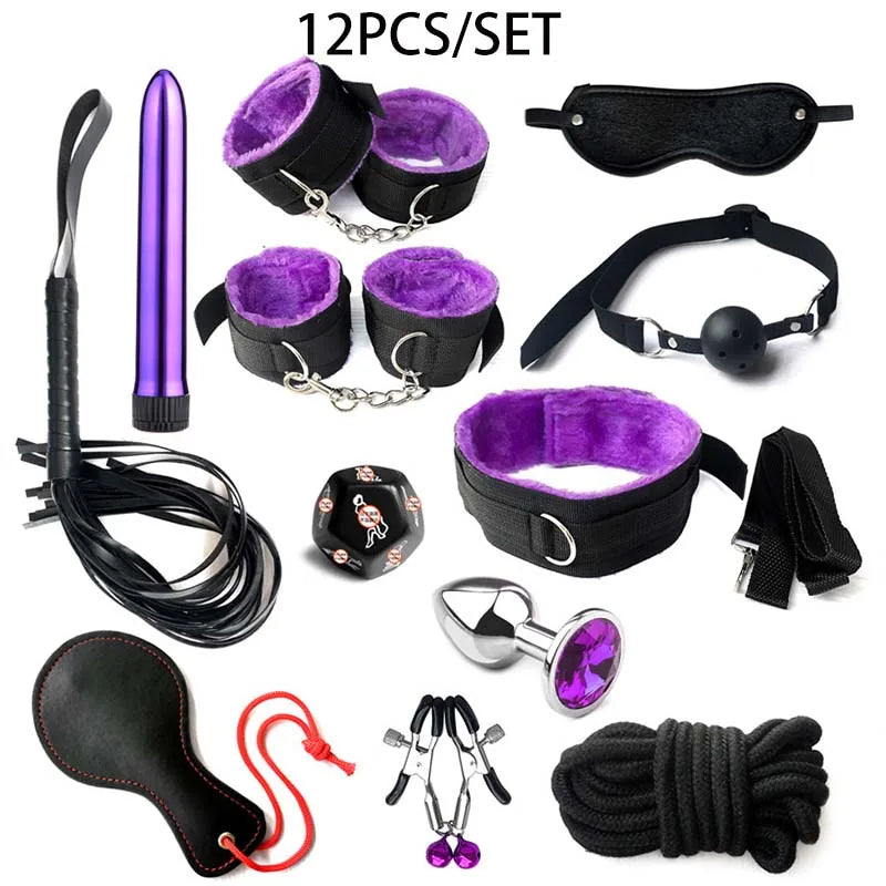 Kit BDSM para Iniciantes com Algemas, Mordaça, Chicote e Acessórios