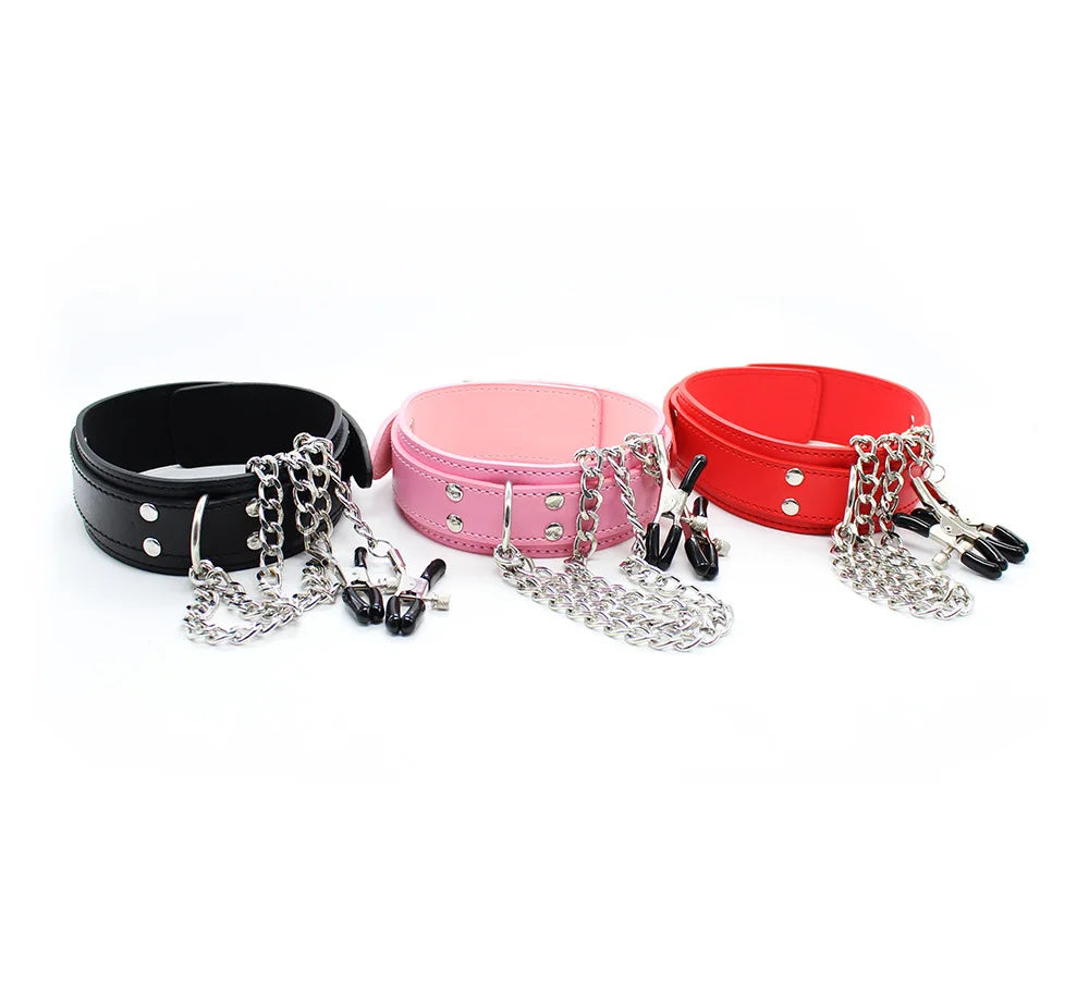 Choker Punk em Couro com Corrente e Acessórios BDSM