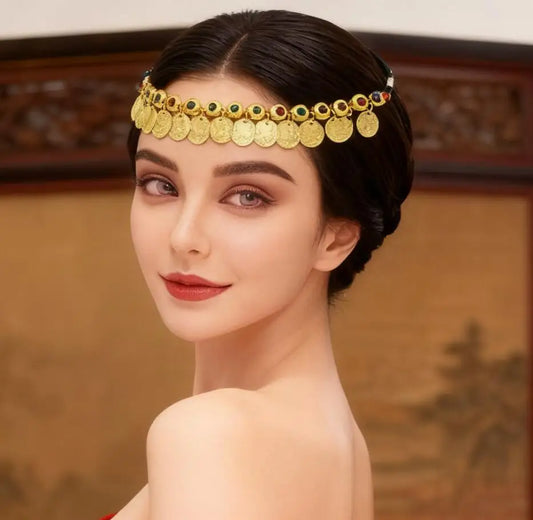 Tiara com Strass e Moedas Douradas Estilo Étnico