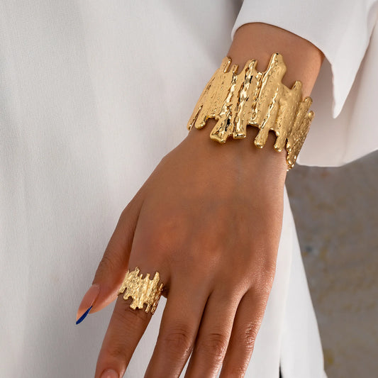 Kit Pulseiras e Anel Femininos Texturizados Ajustáveis