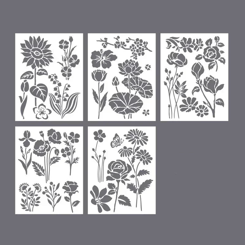 Estênceis Florais, Borboletas e Folhas com 5 Peças para Scrapbook e Journaling