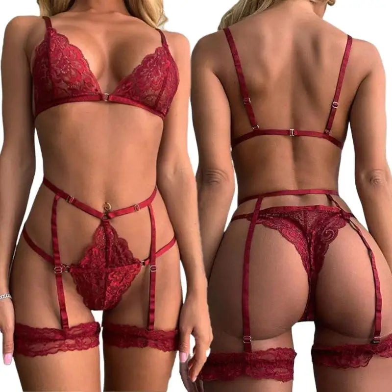Conjunto de Lingerie em Renda com Sutiã, Calcinha e Cinta-Liga