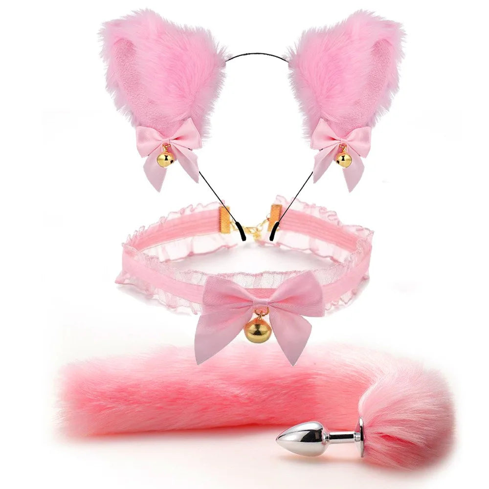 Plug Anal com Cauda, Tiara de Orelhas de Gato e Coleira com Laço