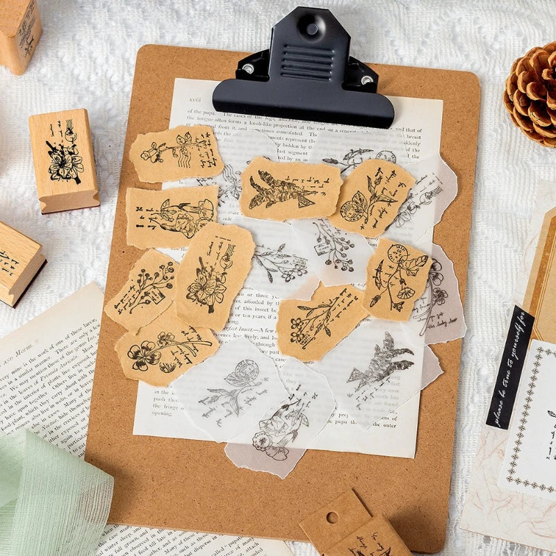 Carimbo Botânico Retrô de Madeira para Scrapbook, Journaling e Papelaria Criativa