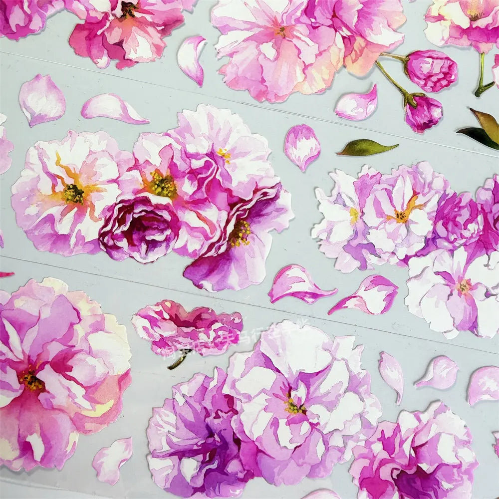 Adesivos PET Florais Sakura Vintage para Scrapbook, Journaling e Decoração de Capinhas de Celular — 7 Dias