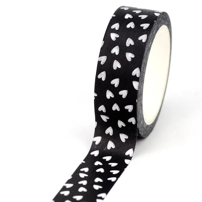 Fita Washi Decorativa de Corações Preto e Branco para Scrapbook e Journaling — 10 m