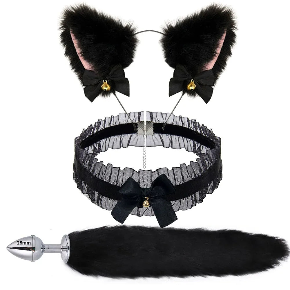 Plug Anal com Cauda, Tiara de Orelhas de Gato e Coleira com Laço