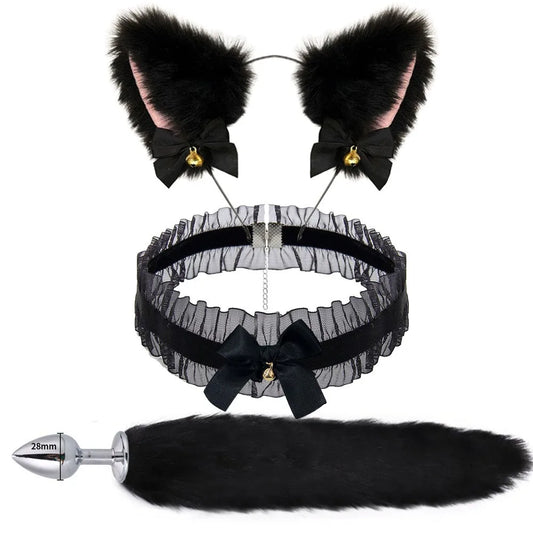 Plug Anal com Cauda, Tiara de Orelhas de Gato e Coleira com Laço