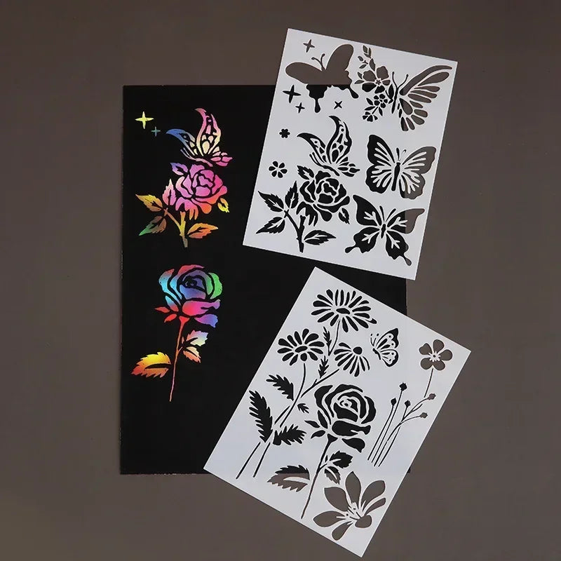 Estênceis Florais, Borboletas e Folhas com 5 Peças para Scrapbook e Journaling