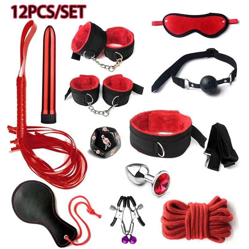 Kit BDSM para Iniciantes com Algemas, Mordaça, Chicote e Acessórios