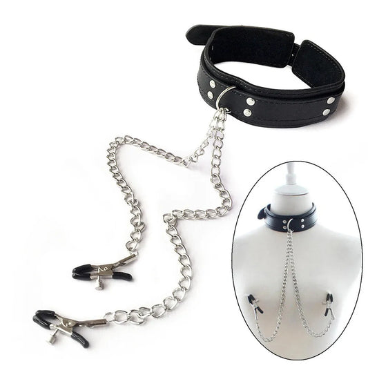 Choker Punk em Couro com Corrente e Acessórios BDSM