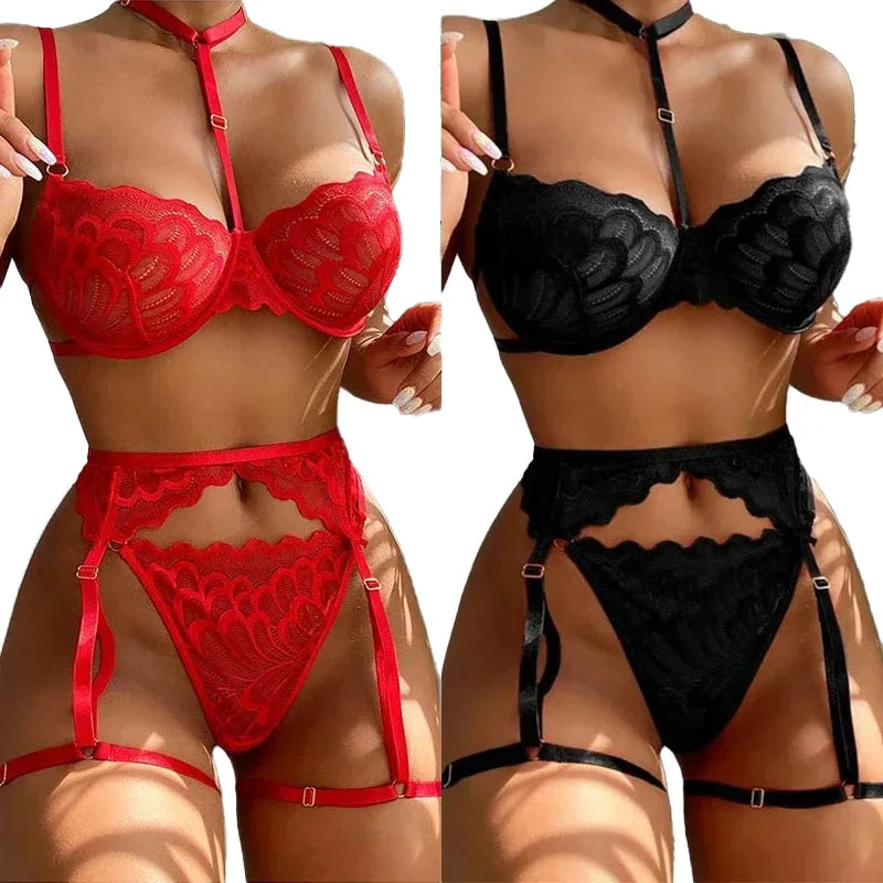 Conjunto de Lingerie Feminina com Sutiã e Calcinha Fio em Renda Transparente