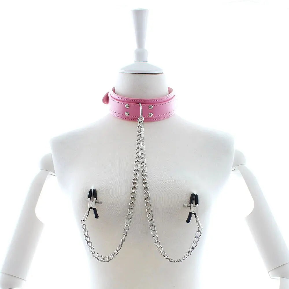 Choker Punk em Couro com Corrente e Acessórios BDSM
