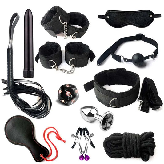 Kit BDSM para Iniciantes com Algemas, Mordaça, Chicote e Acessórios