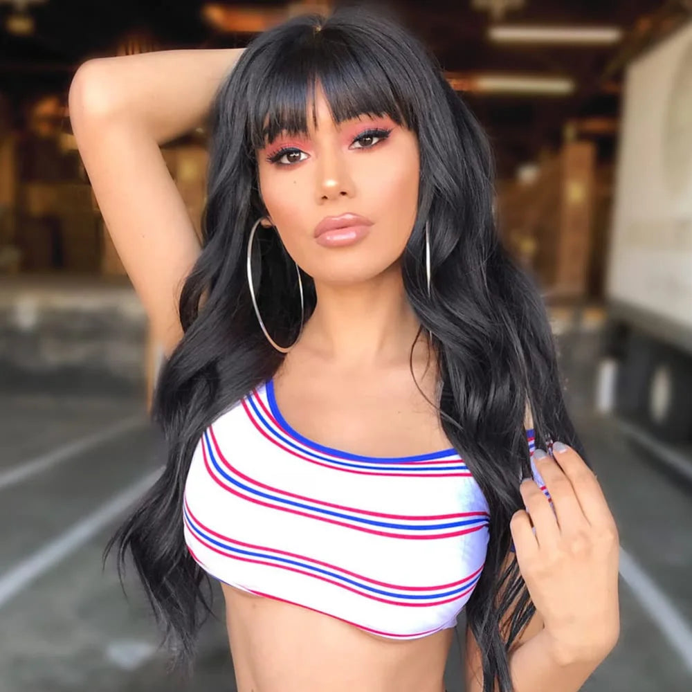 Peruca Preta Longa com Franja e Ondas