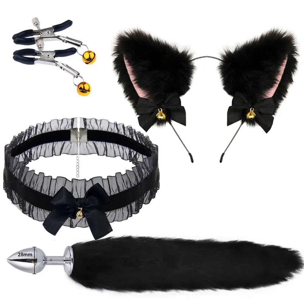 Plug Anal com Cauda, Tiara de Orelhas de Gato e Coleira com Laço