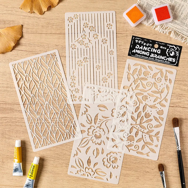 Kit com 4 Estênceis Mandala, Flores e Folhas para Scrapbook e DIY