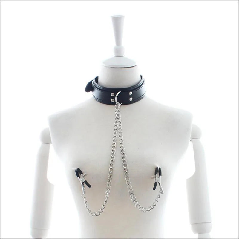 Choker Punk em Couro com Corrente e Acessórios BDSM