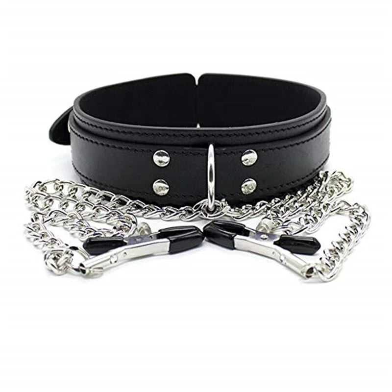 Choker Punk em Couro com Corrente e Acessórios BDSM