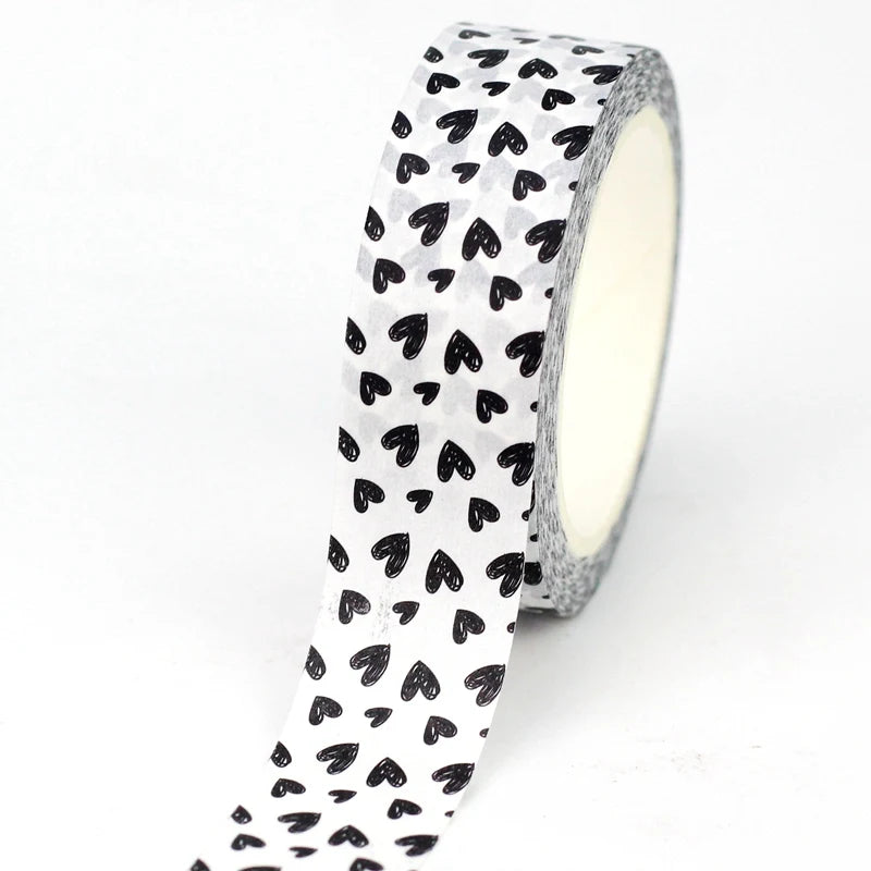 Fita Washi Decorativa de Corações Preto e Branco para Scrapbook e Journaling — 10 m