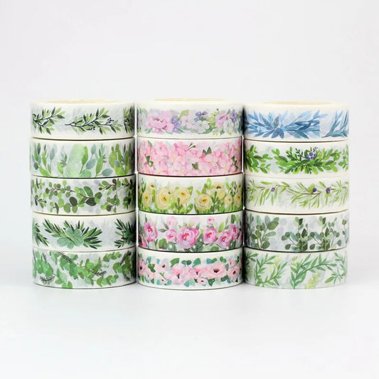 Fita Washi Floral com Flores e Folhas Coloridas para Scrapbook, Journaling e DIY — 10 m