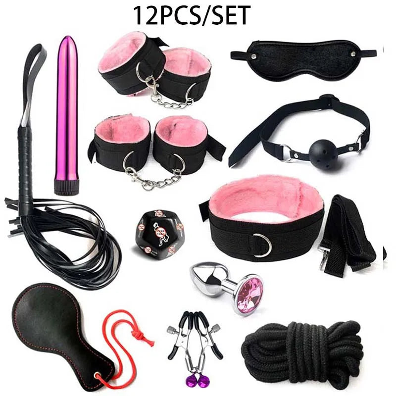 Kit BDSM para Iniciantes com Algemas, Mordaça, Chicote e Acessórios