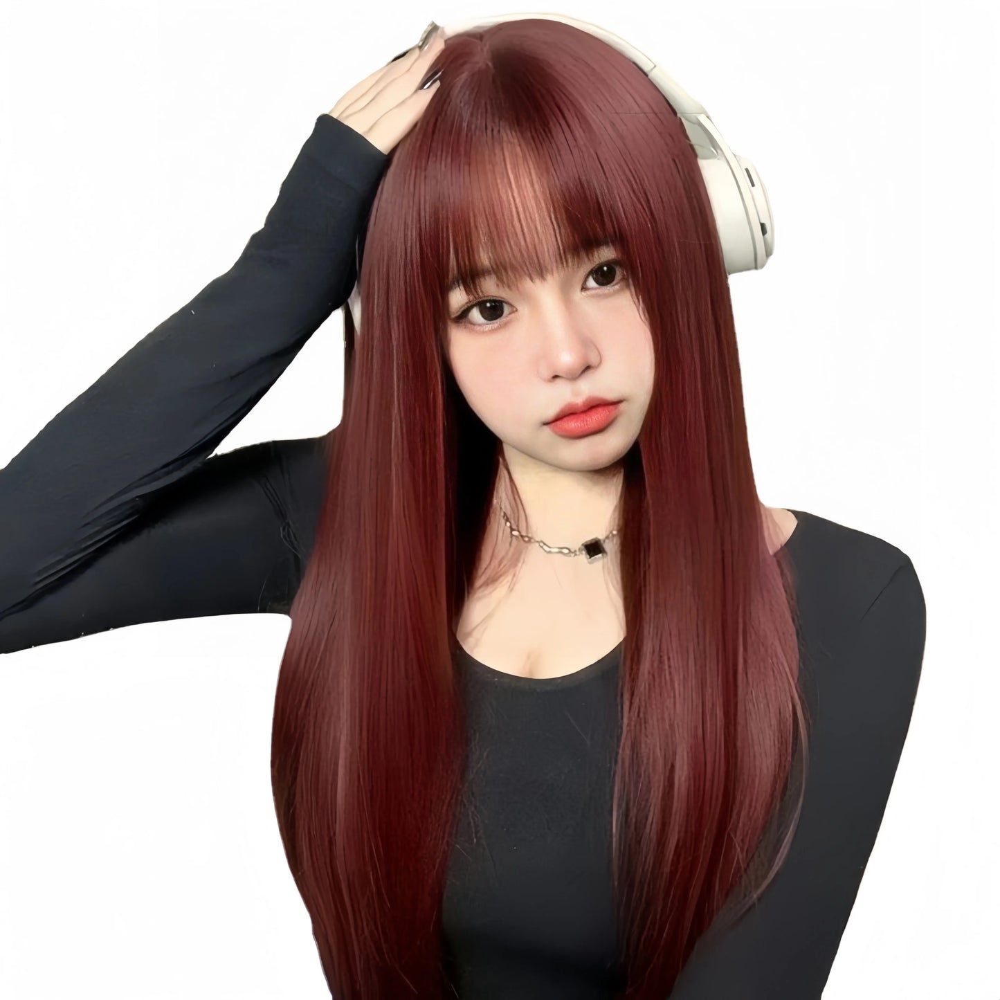Peruca Feminina Longa Lisa Vinho com Franja Reta
