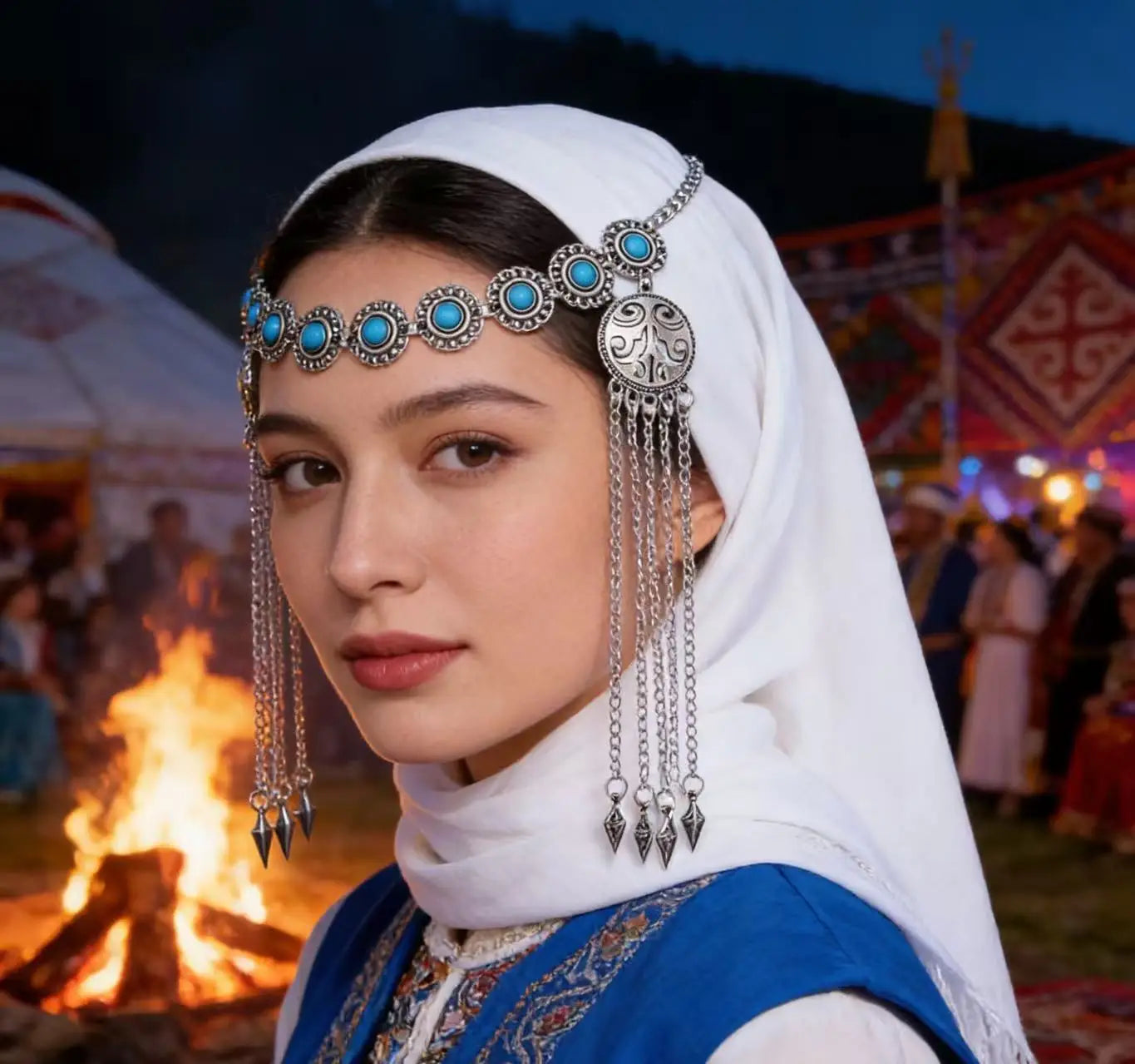 Tiara com Corrente de Testa e Turquesa Sintética Estilo Étnico