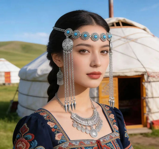 Tiara com Corrente de Testa e Turquesa Sintética Estilo Étnico