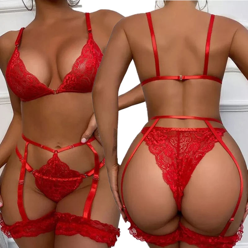 Conjunto de Lingerie em Renda com Sutiã, Calcinha e Cinta-Liga