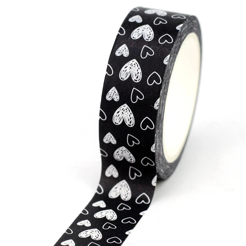 Fita Washi Decorativa de Corações Preto e Branco para Scrapbook e Journaling — 10 m