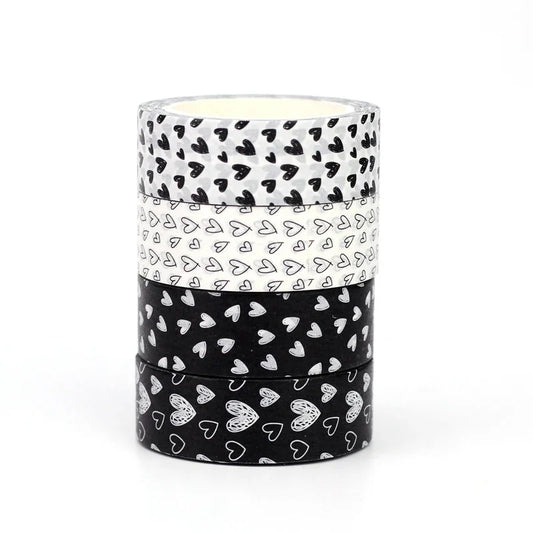 Fita Washi Decorativa de Corações Preto e Branco para Scrapbook e Journaling — 10 m