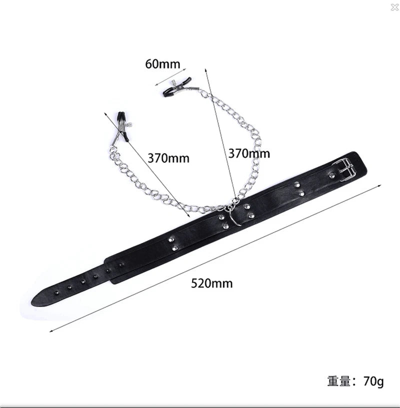Choker Punk em Couro com Corrente e Acessórios BDSM