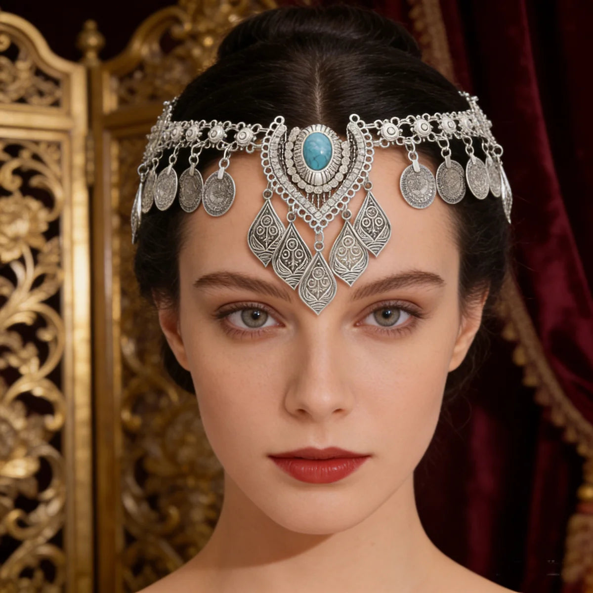 Tiara com Corrente de Testa e Turquesa Sintética Estilo Étnico