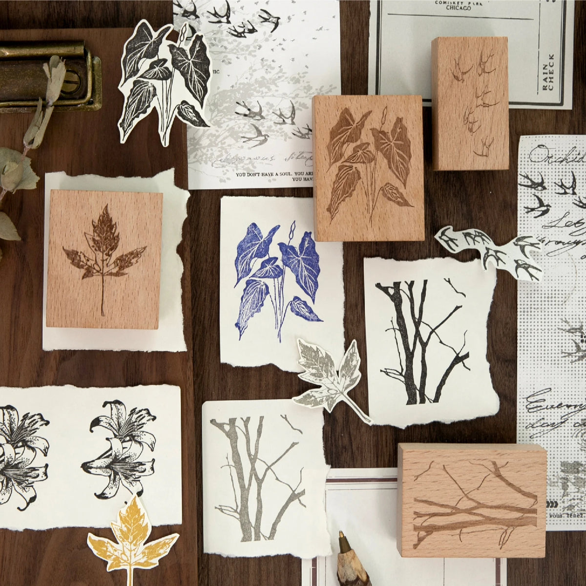 Carimbo Retrô de Plantas, Pássaros e Paisagens em Madeira para Journaling e Scrapbook