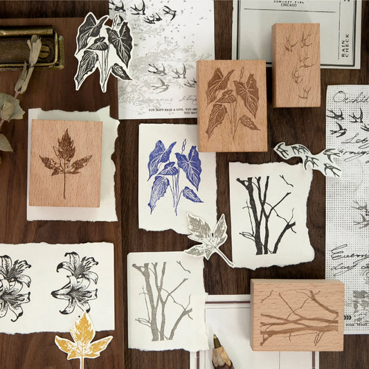Carimbo Retrô de Plantas, Pássaros e Paisagens em Madeira para Journaling e Scrapbook