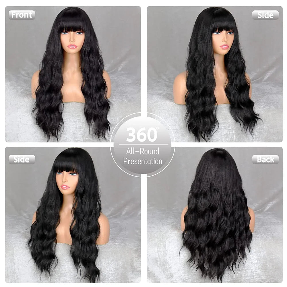 Peruca Preta Longa com Franja e Ondas