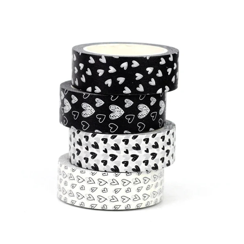 Fita Washi Decorativa de Corações Preto e Branco para Scrapbook e Journaling — 10 m