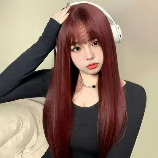 Peruca Feminina Longa Lisa Vinho com Franja Reta