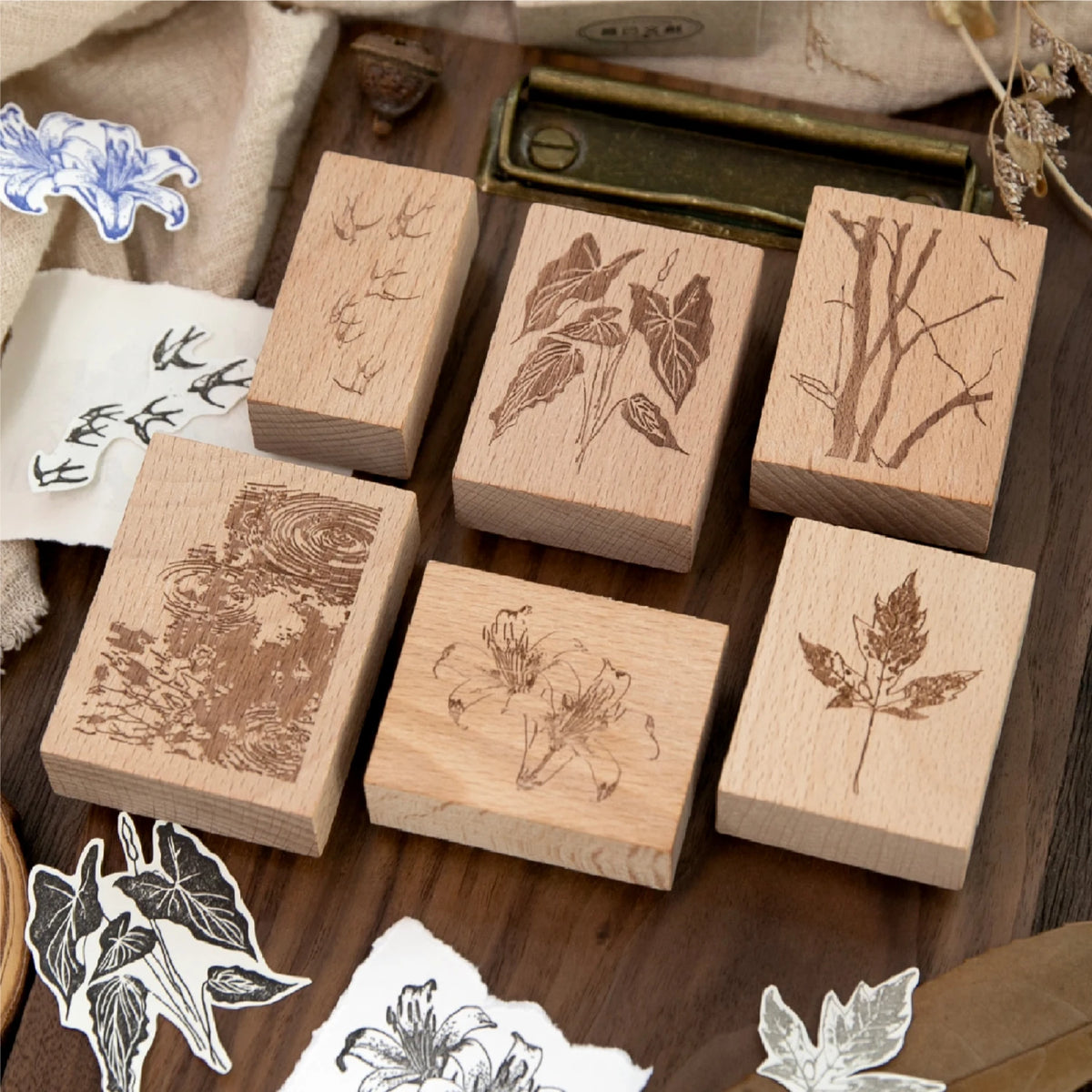 Carimbo Retrô de Plantas, Pássaros e Paisagens em Madeira para Journaling e Scrapbook
